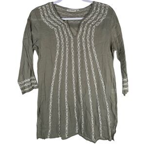 Roller Rabbit Khaki Green Chain Embroidered Cotton 3/4 Sleeve Tunic Top Small